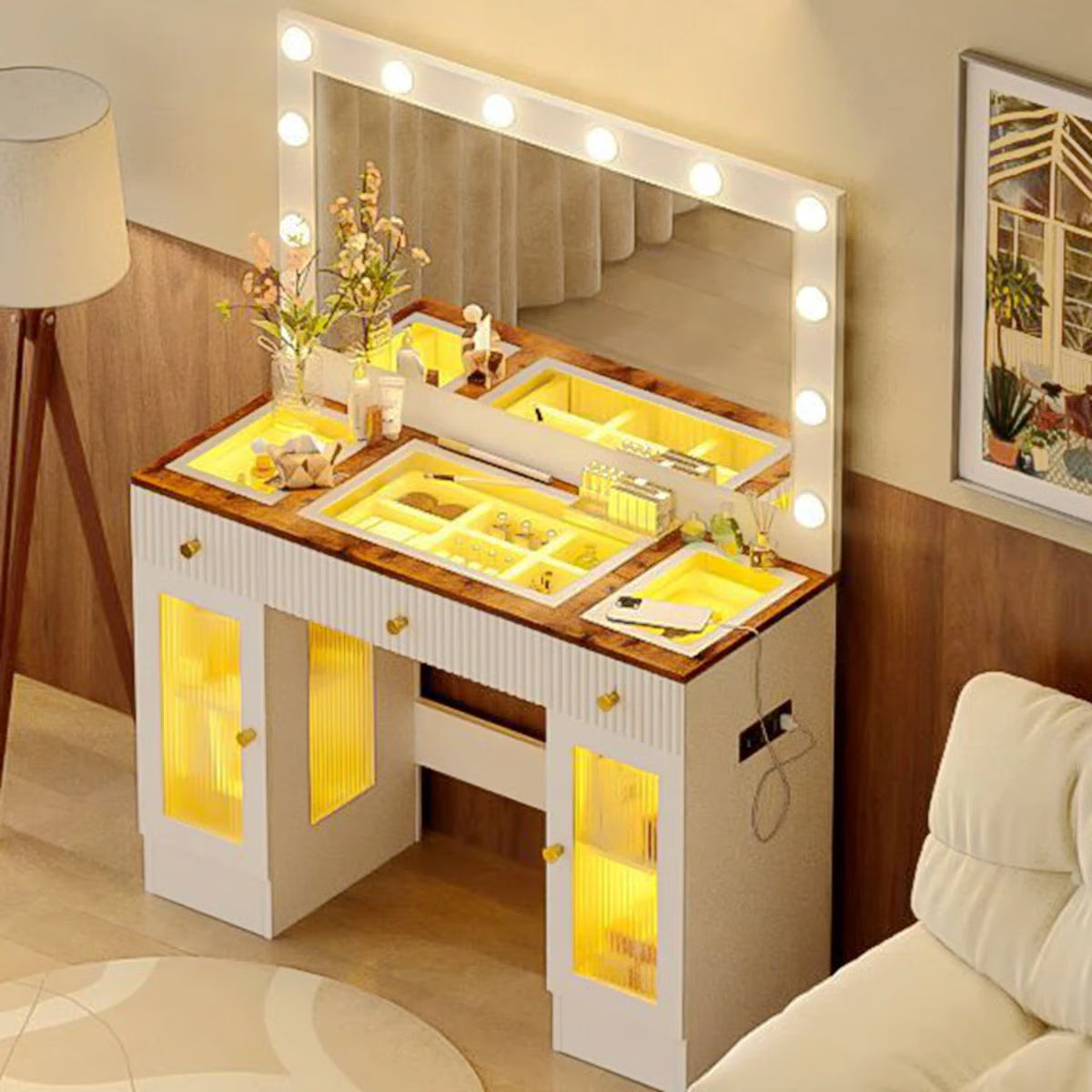 43.3''Large Dressing Table, Vanity Desk With Large Mirror And Lights 3 Colors- OUCH CART | Dressing table 