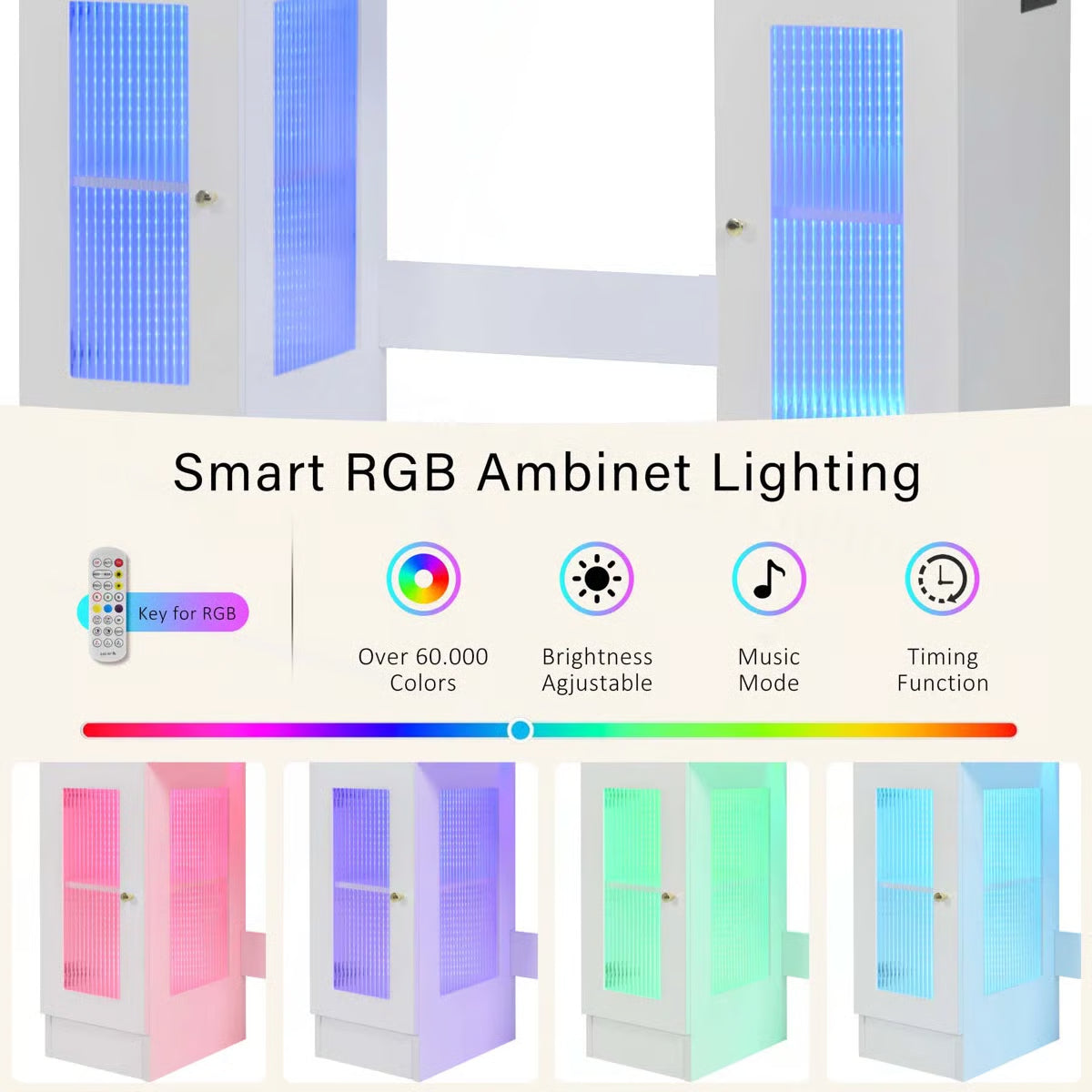 White 43.3'' Dressing Table with Large Mirror, 3-Color LED Lights, RGB Storage, and Power Outlet