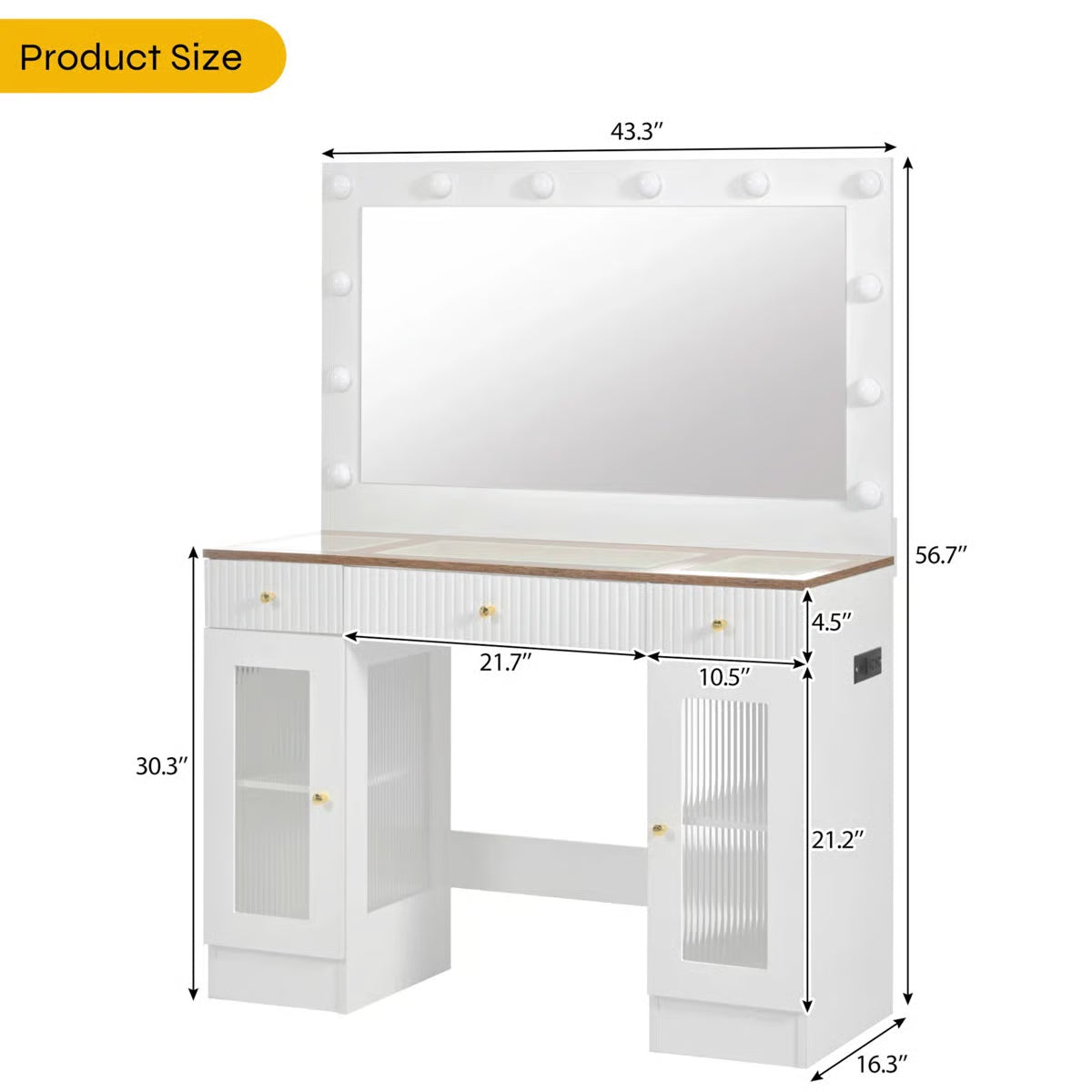 White 43.3'' Dressing Table with Large Mirror, 3-Color LED Lights, RGB Storage, and Power Outlet