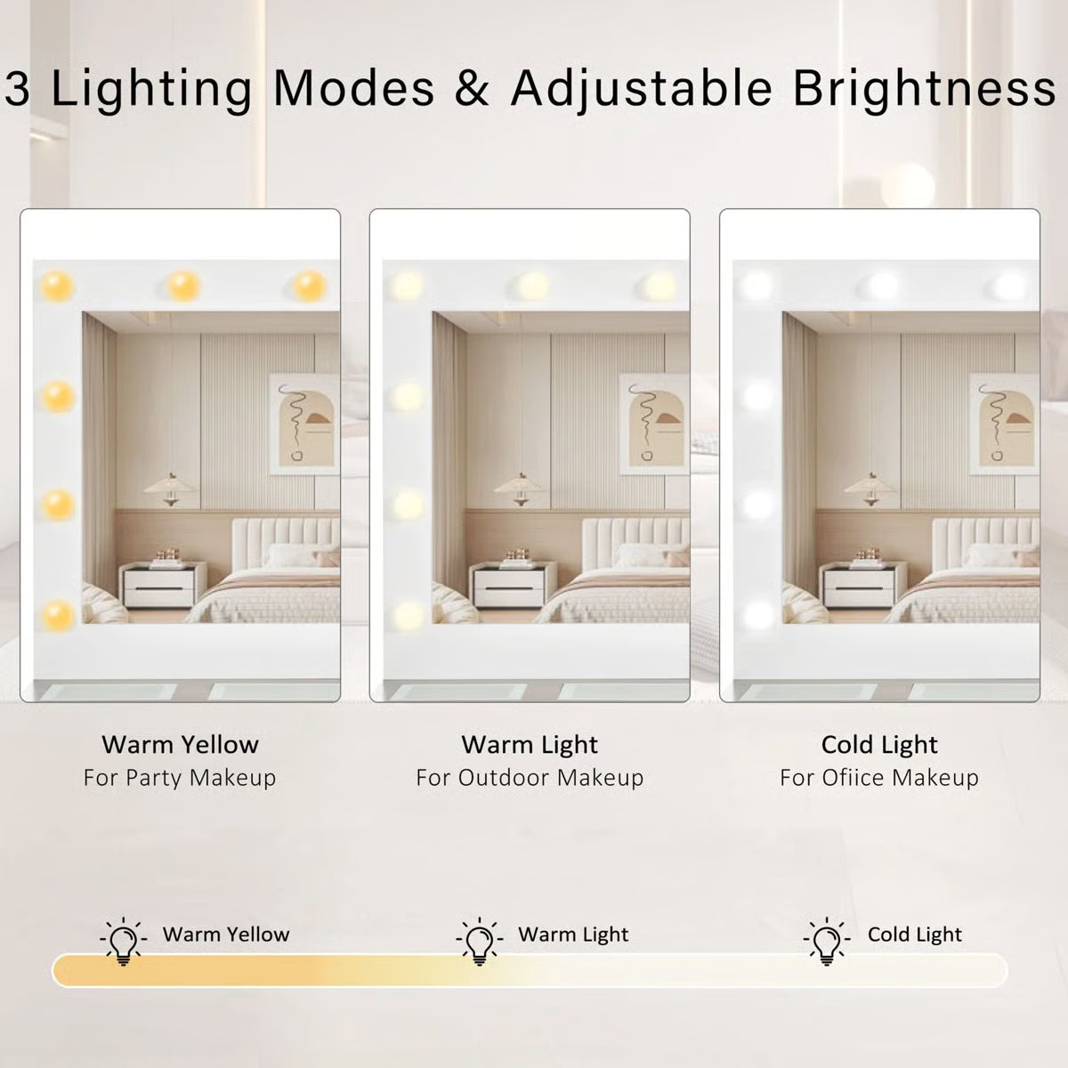 White 43.3'' Dressing Table with Large Mirror, 3-Color LED Lights, RGB Storage, and Power Outlet