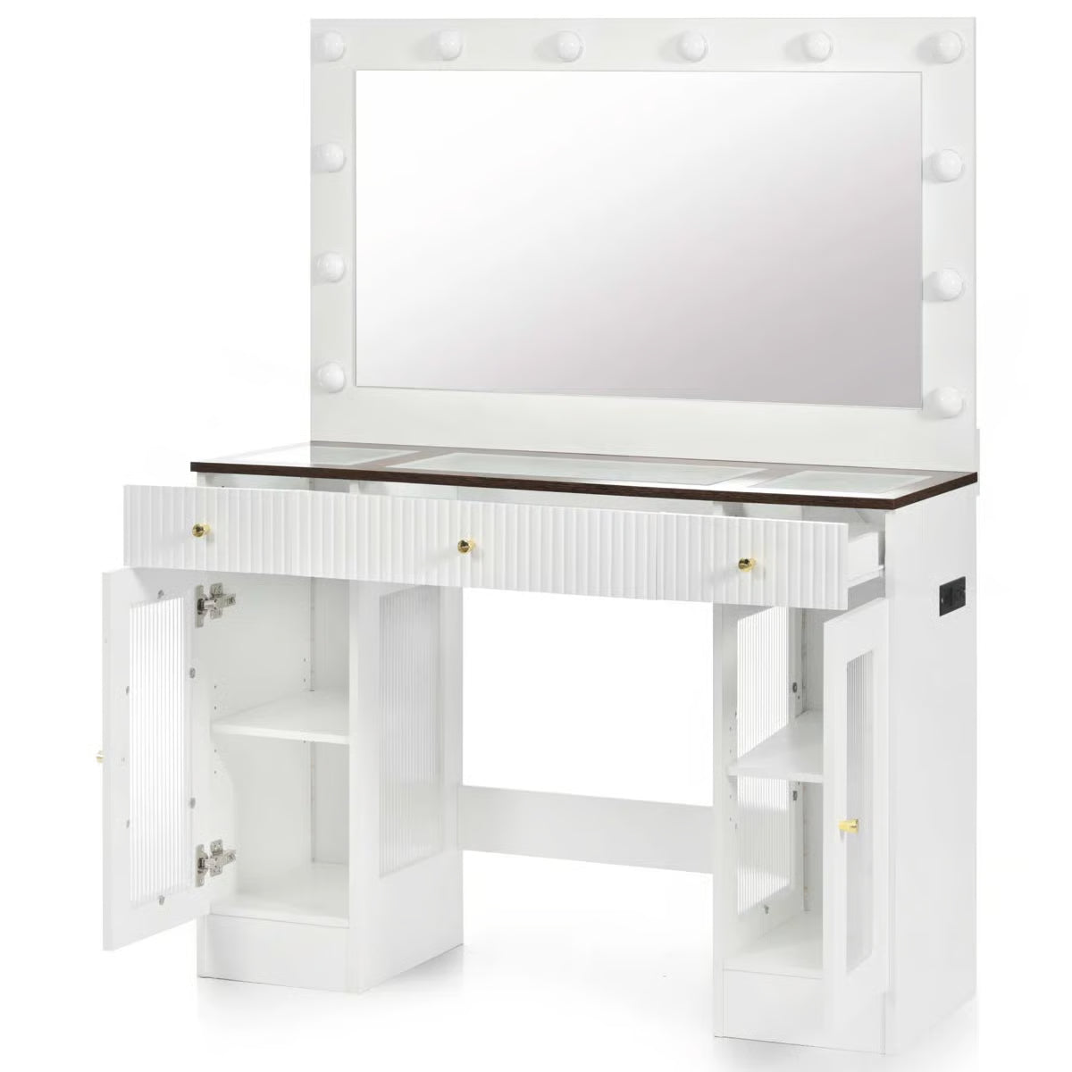 White 43.3'' Dressing Table with Large Mirror, 3-Color LED Lights, RGB Storage, and Power Outlet