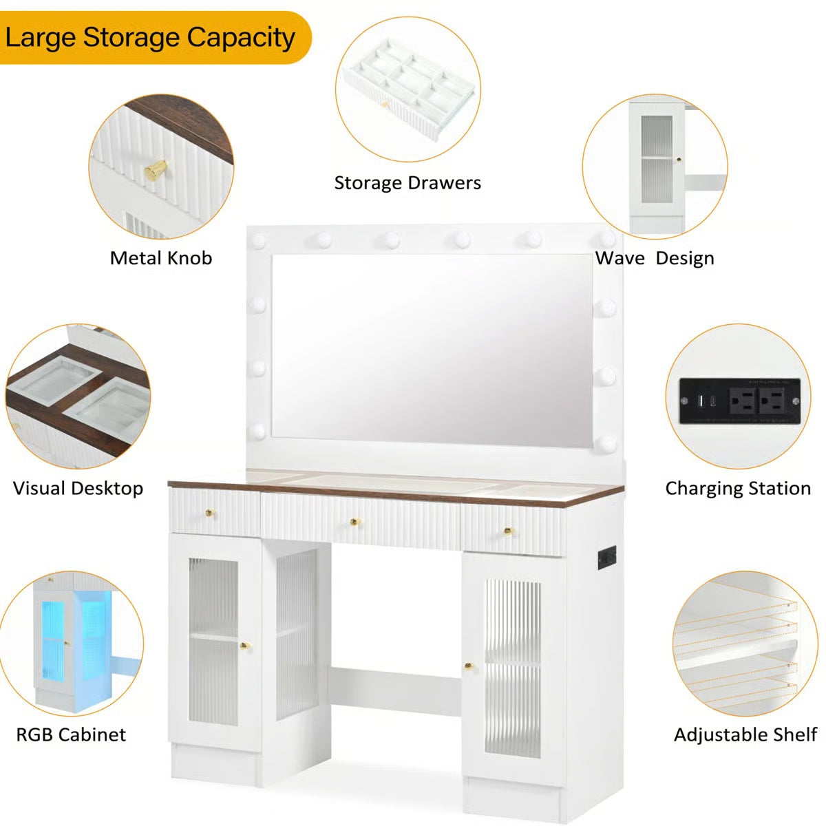 White 43.3'' Dressing Table with Large Mirror, 3-Color LED Lights, RGB Storage, and Power Outlet