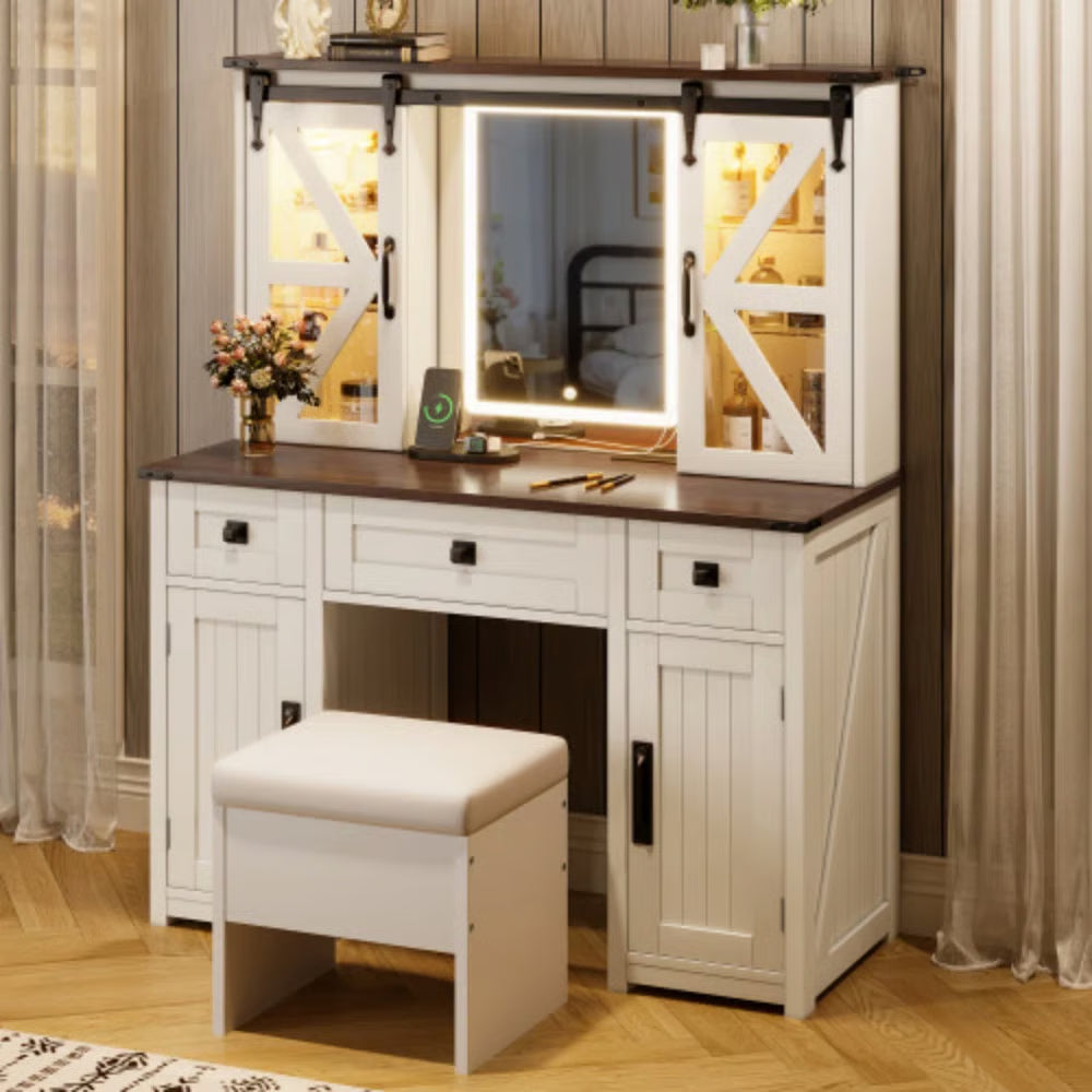 43.3" Beige Farmhouse Makeup Vanity – LED Mirror, Storage Stool & Charging Port-OUCH CART |Dressing table