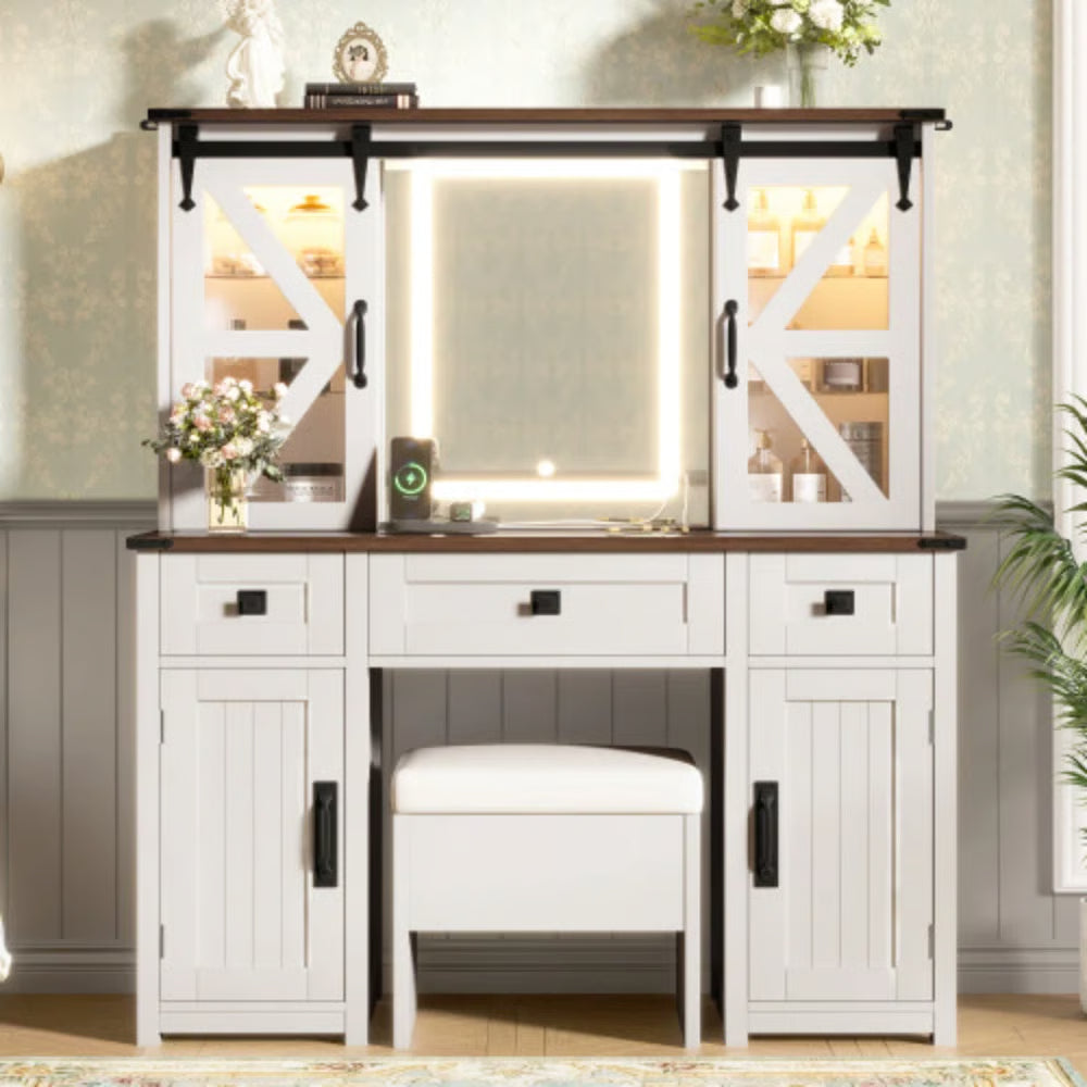 43.3" Beige Farmhouse Makeup Vanity – LED Mirror, Storage Stool & Charging Port-OUCH CART |Dressing table