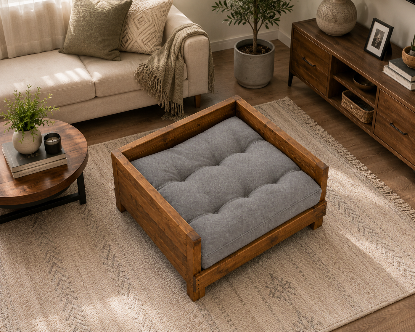 Solid Wood Dog Bed with Plush Cushion | Luxury Elevated Wooden Pet Sofa for Small & Medium Dogs