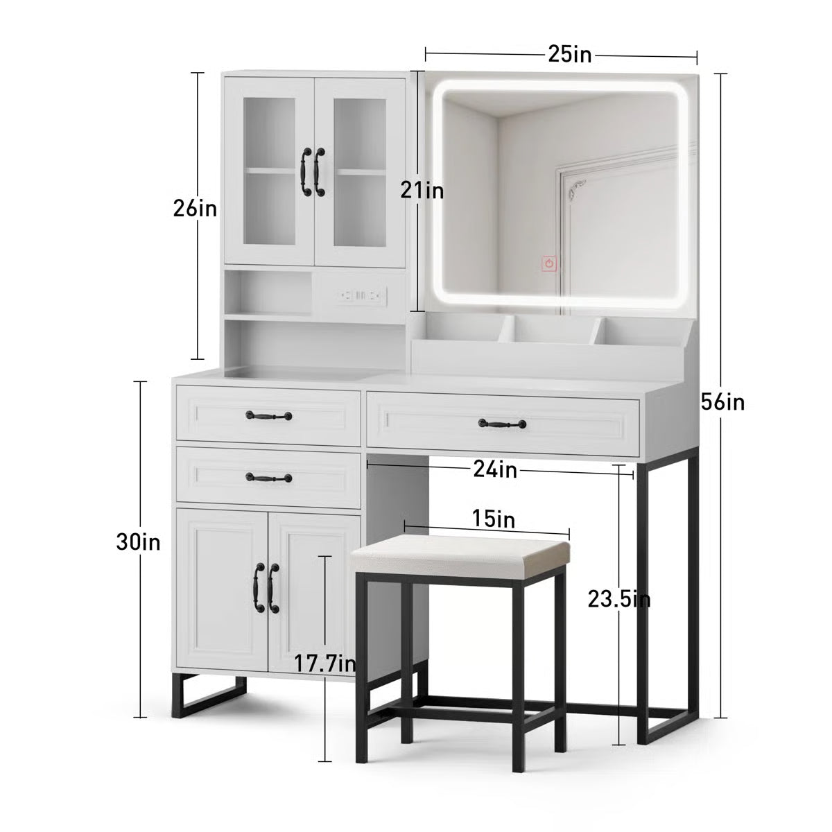 43" Modern Makeup Vanity Table with Light, Mirror, and Power Station