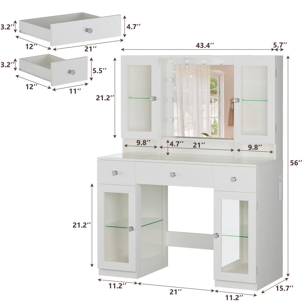 43" Makeup Vanity Desk with Glass Surface, Storage Cabinet, and Modern Design