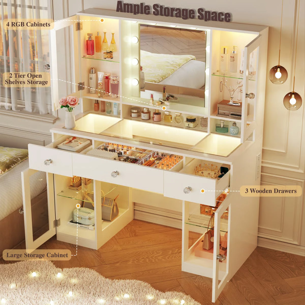 43" Makeup Vanity Desk with Glass Surface, Storage Cabinet, and Modern Design