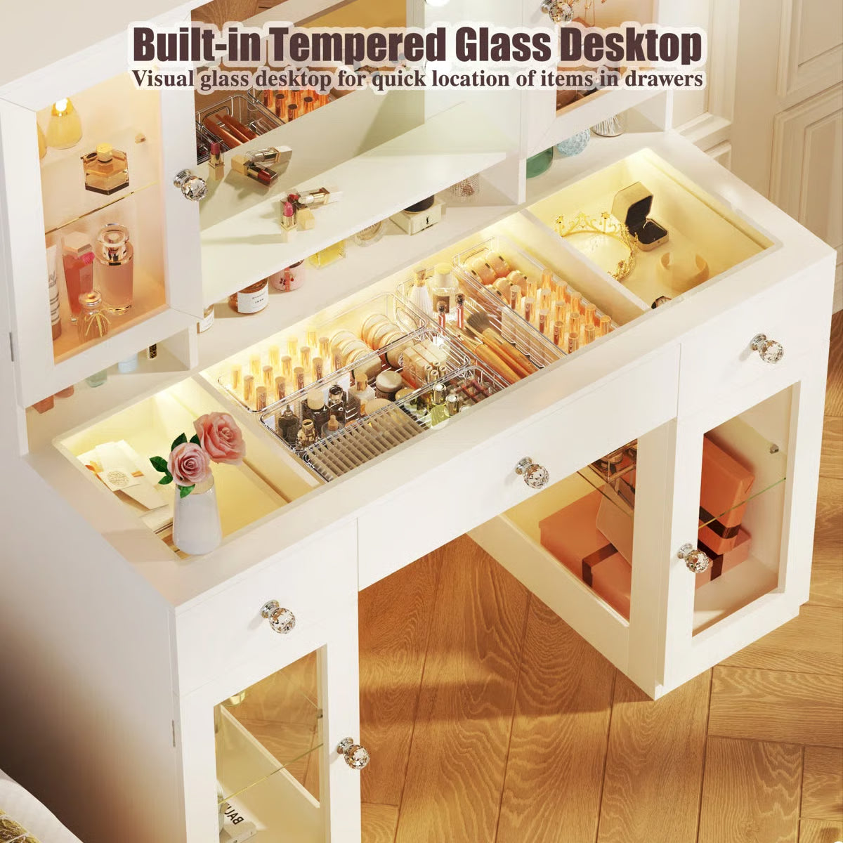 43" Makeup Vanity Desk with Glass Surface, Storage Cabinet, and Modern Design - OUCH CART | Dressing table 
