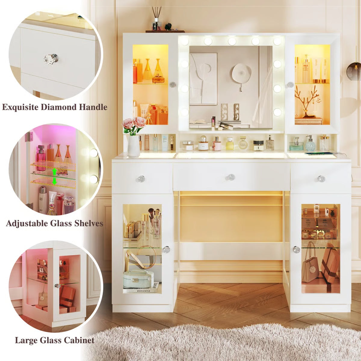 43" Makeup Vanity Desk with Glass Surface, Storage Cabinet, and Modern Design