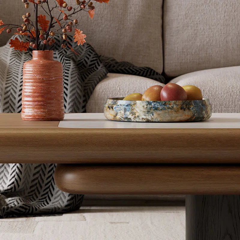 Modern Rotating Two-Tier Coffee Table with Faux Marble Top & Wooden Finish, Round Center Table for Living Room