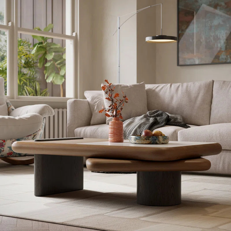 Modern Rotating Two-Tier Coffee Table with Faux Marble Top & Wooden Finish, Round Center Table for Living Room