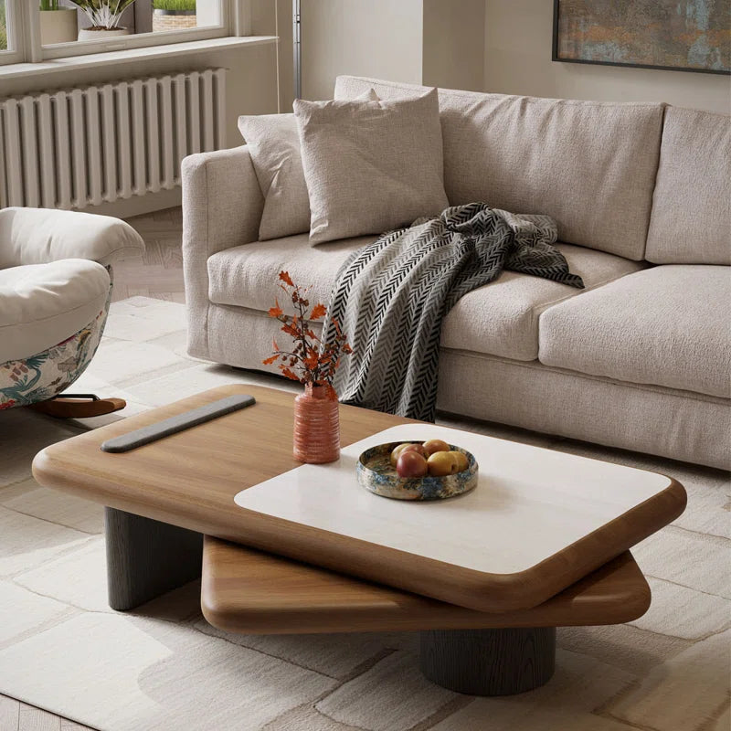 Modern Rotating Two-Tier Coffee Table with Faux Marble Top & Wooden Finish, Round Center Table for Living Room