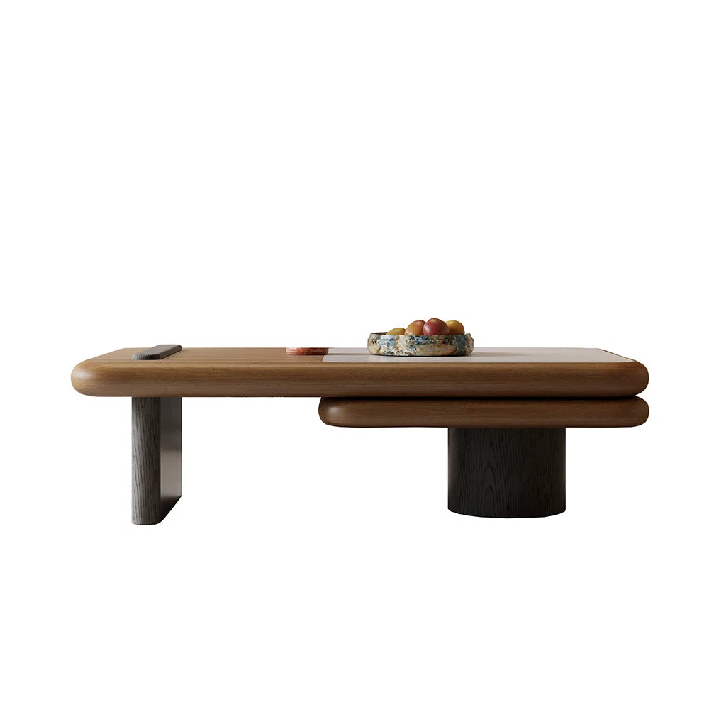 Modern Rotating Two-Tier Coffee Table with Faux Marble Top & Wooden Finish, Round Center Table for Living Room