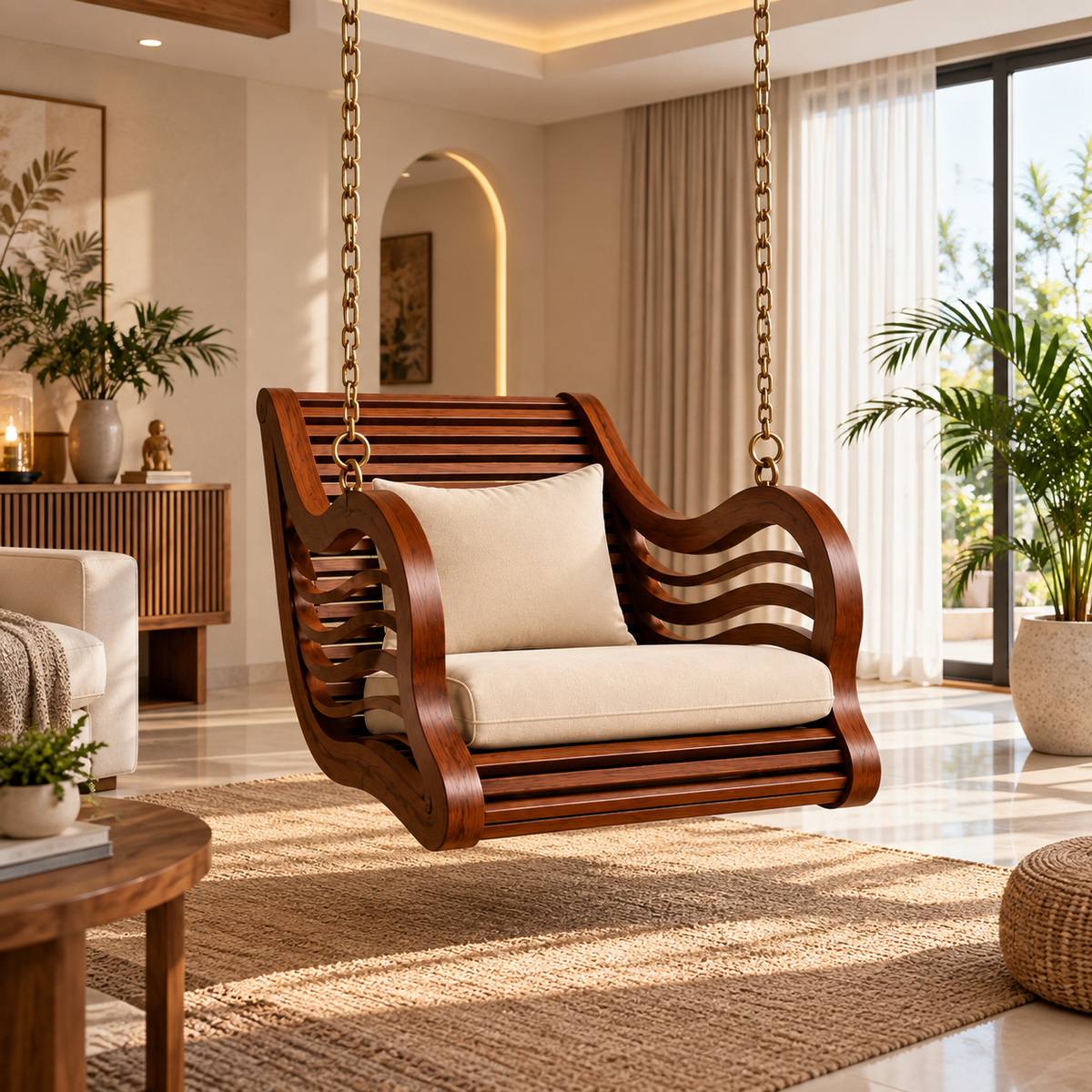 Premium Solid Wood Hanging Swing Chair with Cushion | Luxury Wooden Jhula for Living Room, Balcony & Indoor Spaces