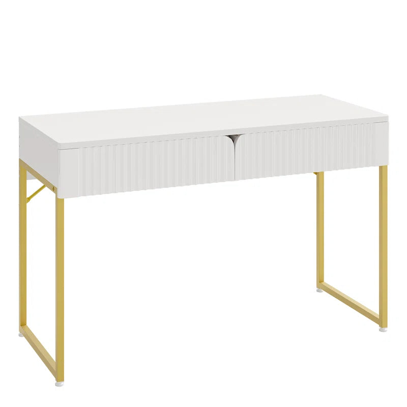 Modern White Makeup Vanity Table & Study Writing Desk with Gold Metal Frame for Bedroom, Office