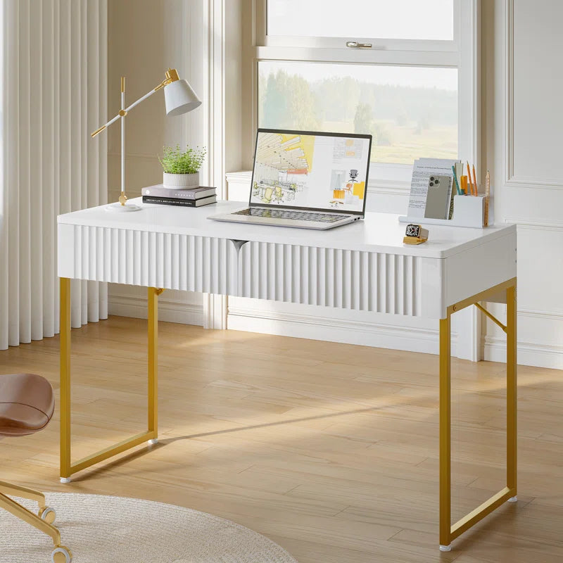 Modern White Makeup Vanity Table & Study Writing Desk with Gold Metal
