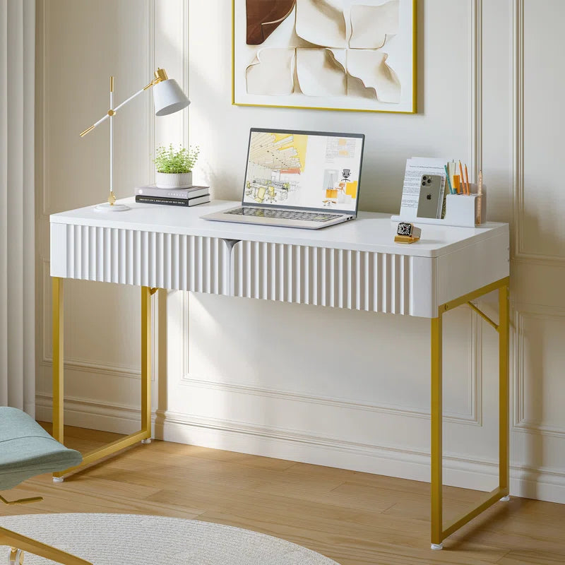 Modern White Makeup Vanity Table & Study Writing Desk with Gold Metal Frame for Bedroom, Office
