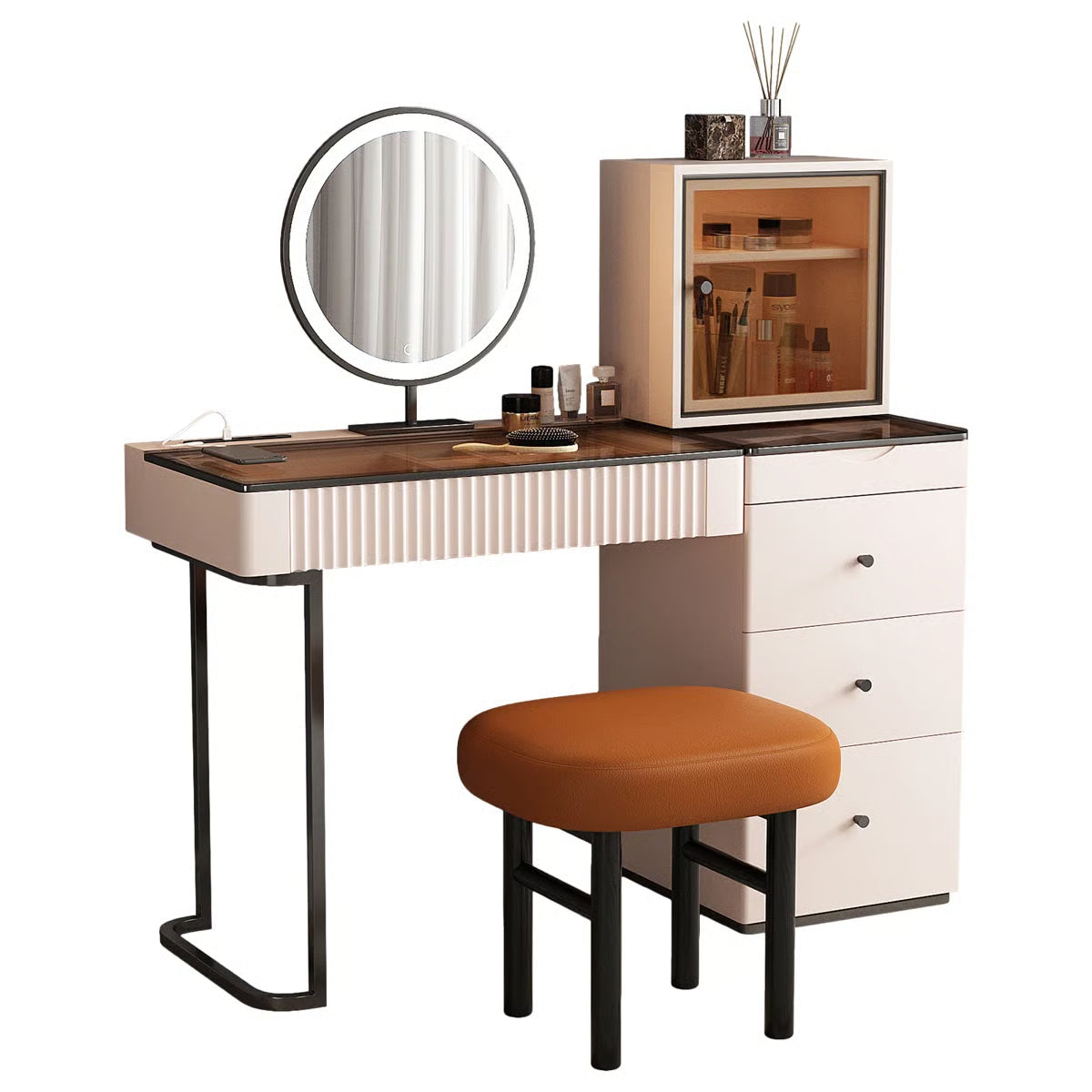 47'' High-quality Makeup Vanity set,Power Outlet, Glass Top,5-drawer,Very easy to assemble,Includes makeup stool
