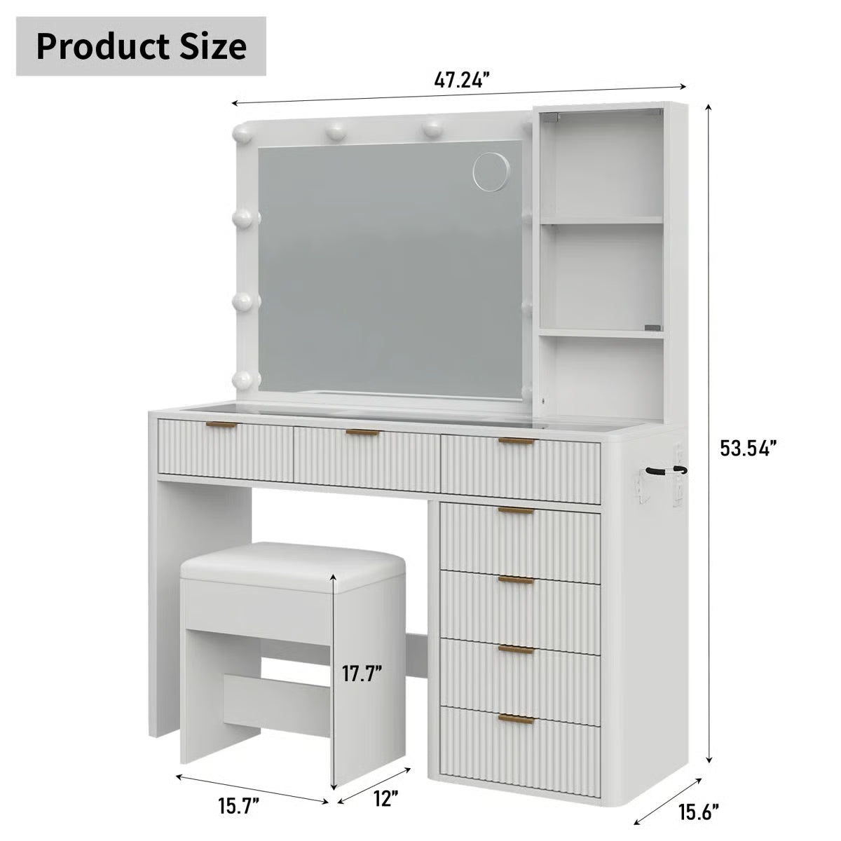 47" Makeup Vanity Desk with Fluted Design – 10 LED Lights, 3-Mode Adjustable Mirror, 7 Drawers & Power Outlet