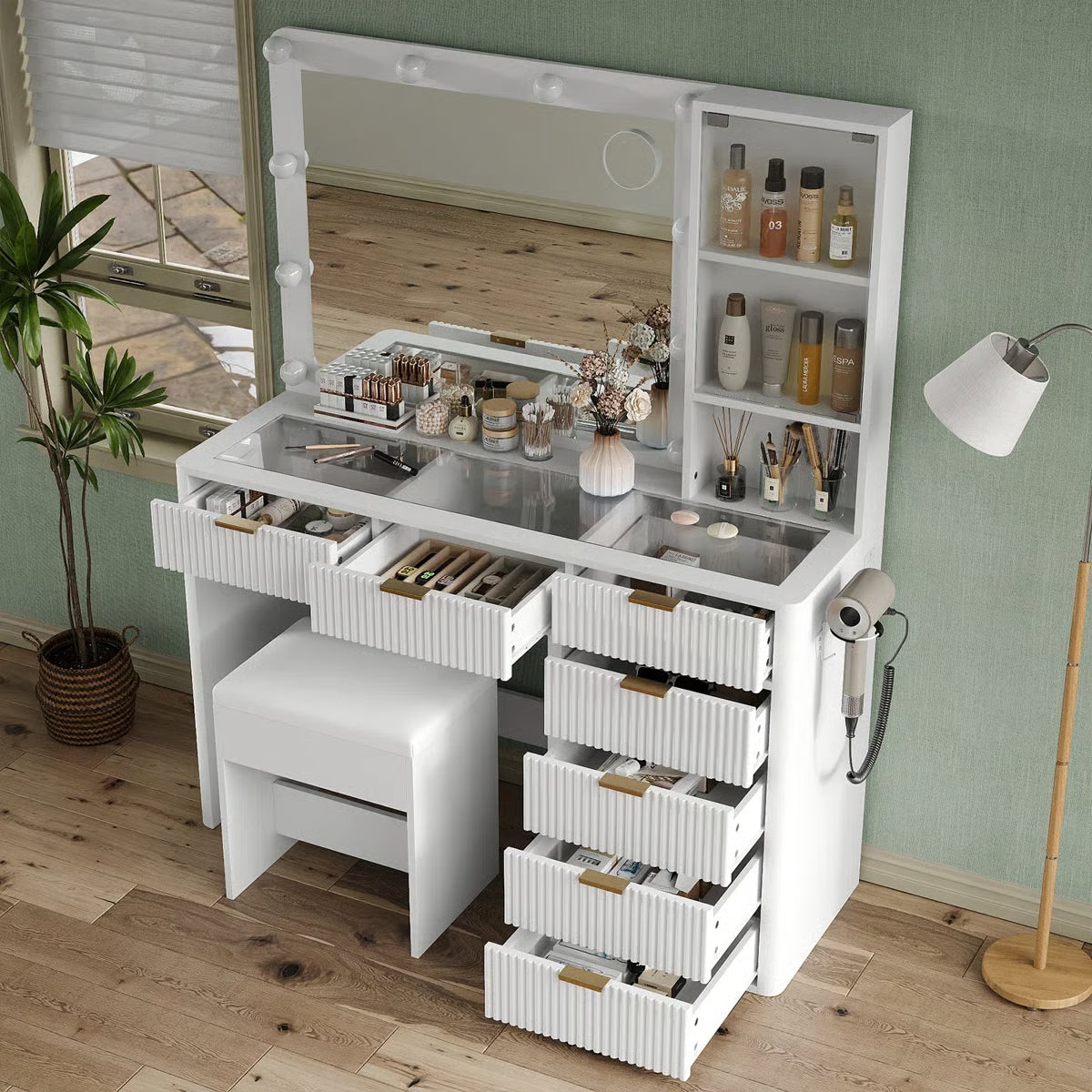 47" Makeup Vanity Desk with Fluted Design – 10 LED Lights, 3-Mode Adjustable Mirror, 7 Drawers & Power Outlet-OUCH CART |Dressing table