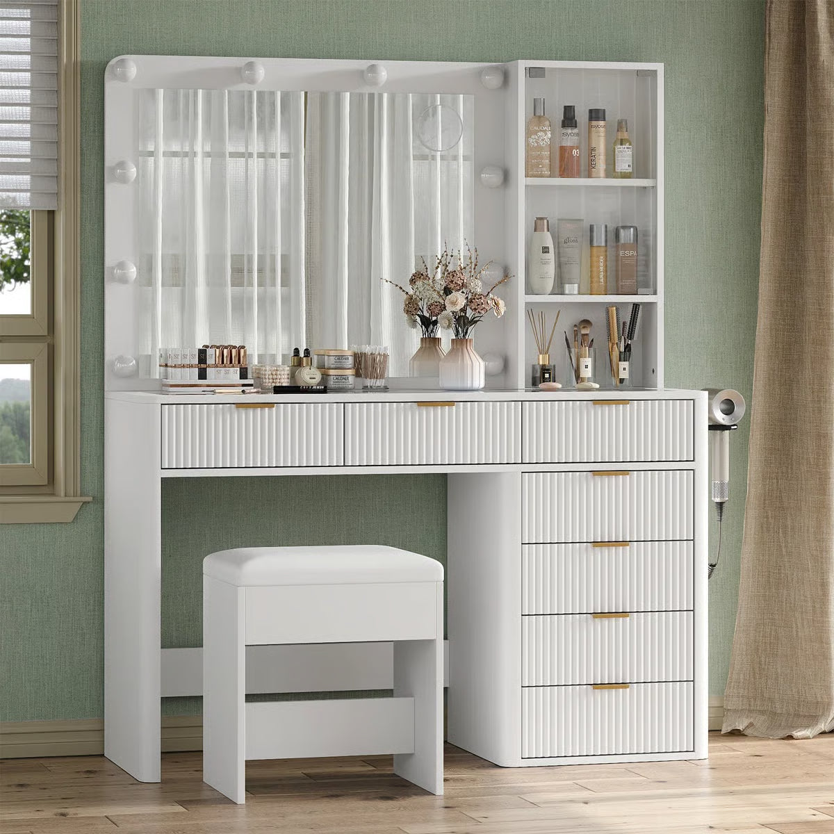 47" Makeup Vanity Desk with Fluted Design – 10 LED Lights, 3-Mode Adjustable Mirror, 7 Drawers & Power Outlet