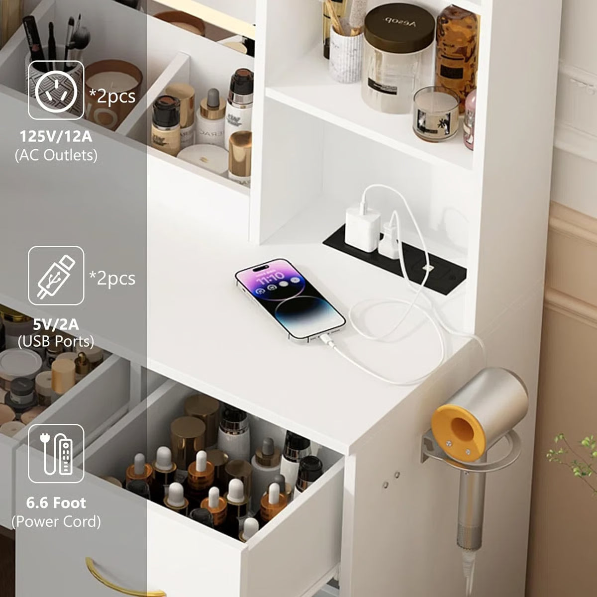 47" Lighted Makeup Vanity Table with LED Mirror, Drawers, Cabinets, Power Outlet, and Adjustable LED Modes