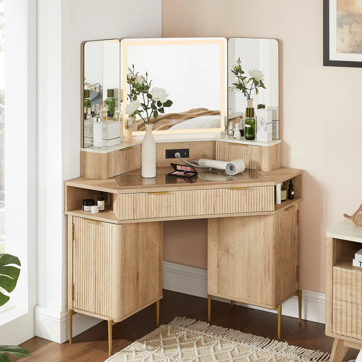 48" Corner Vanity Table with 3 LED Mirrors and Storage Drawers