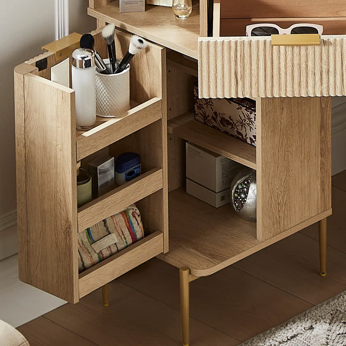 48" Corner Vanity Table with 3 LED Mirrors and Storage Drawers