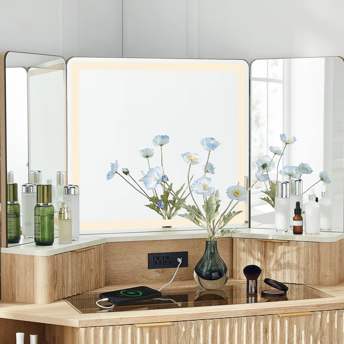 48" Corner Makeup Vanity With 3 Led Mirror- OUCH CART | Dressing table 