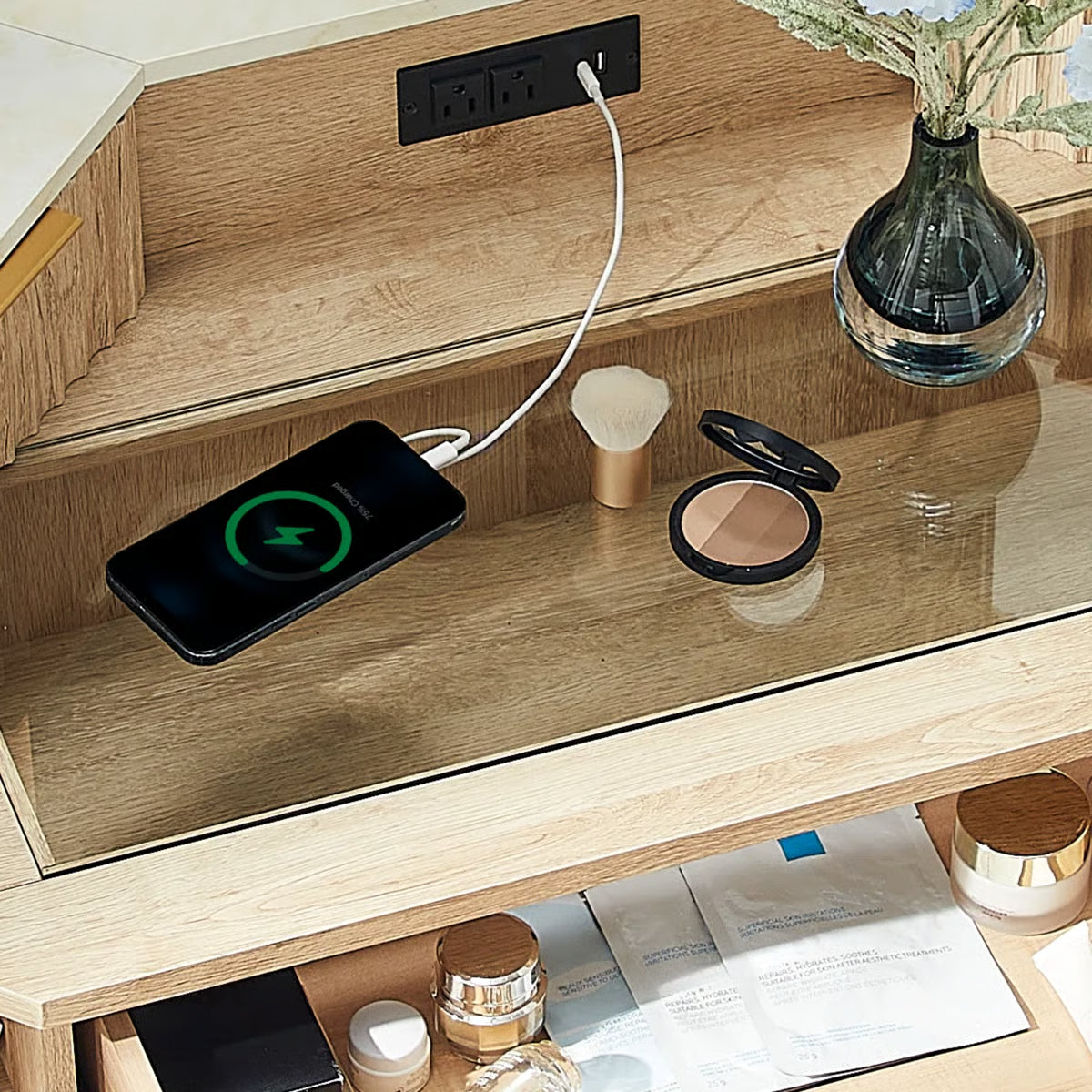 48" Corner Vanity Table with 3 LED Mirrors and Storage Drawers