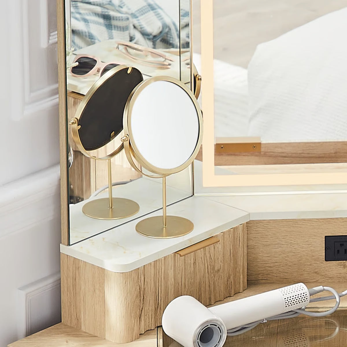 48" Corner Vanity Table with 3 LED Mirrors and Storage Drawers