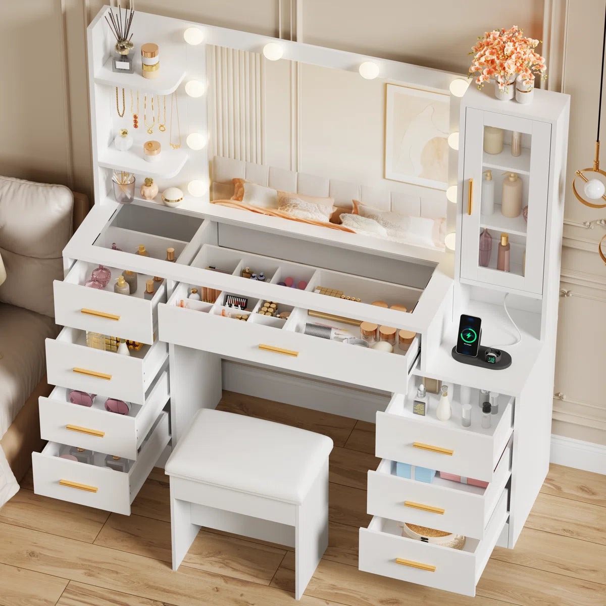 49.2" Makeup Vanity Desk with 8 Drawers, Glass Surface, and Built-In Charging Outlet-OUCH CART | Dressing table 