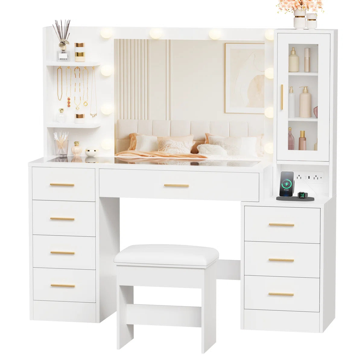 49.2" Makeup Vanity Desk with 8 Drawers, Glass Surface, and Built-In Charging Outlet-OUCH CART | Dressing table 