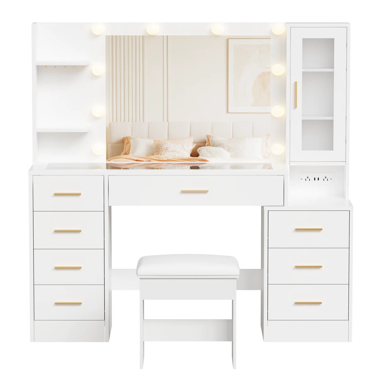 49.2" Makeup Vanity Desk with 8 Drawers, Glass Surface, and Built-In Charging Outlet