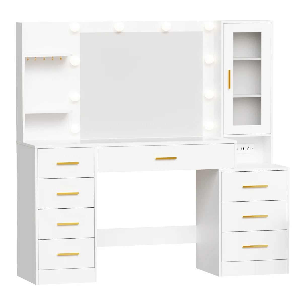 49.2" Makeup Vanity Desk with 8 Drawers, Glass Surface, and Built-In Charging Outlet-OUCH CART | Dressing table 