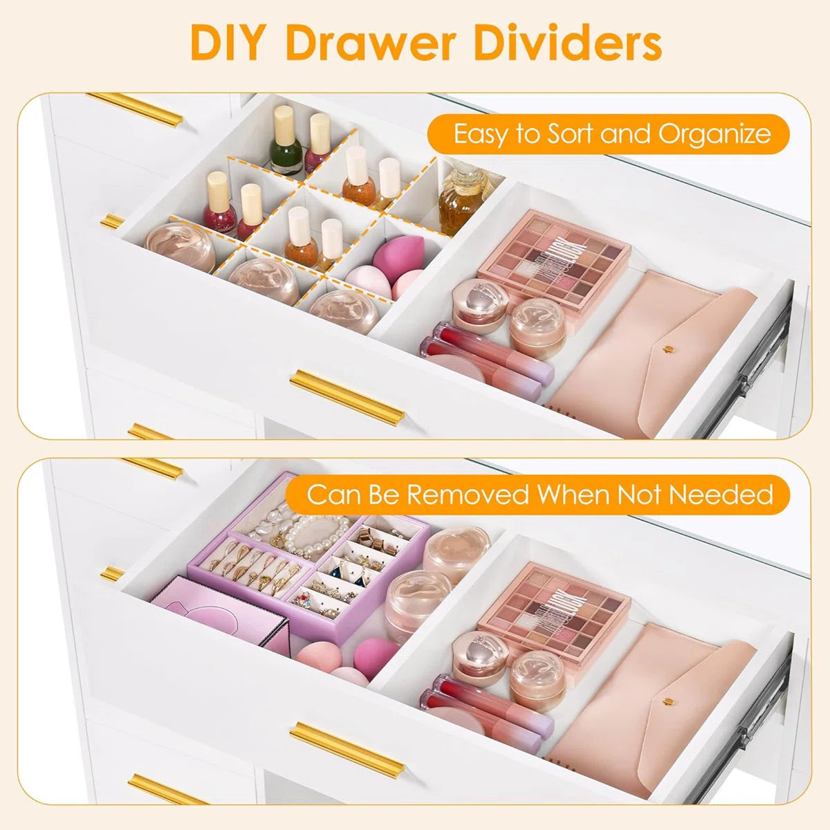 49.2" Makeup Vanity Desk with 8 Drawers, Glass Surface, and Built-In Charging Outlet