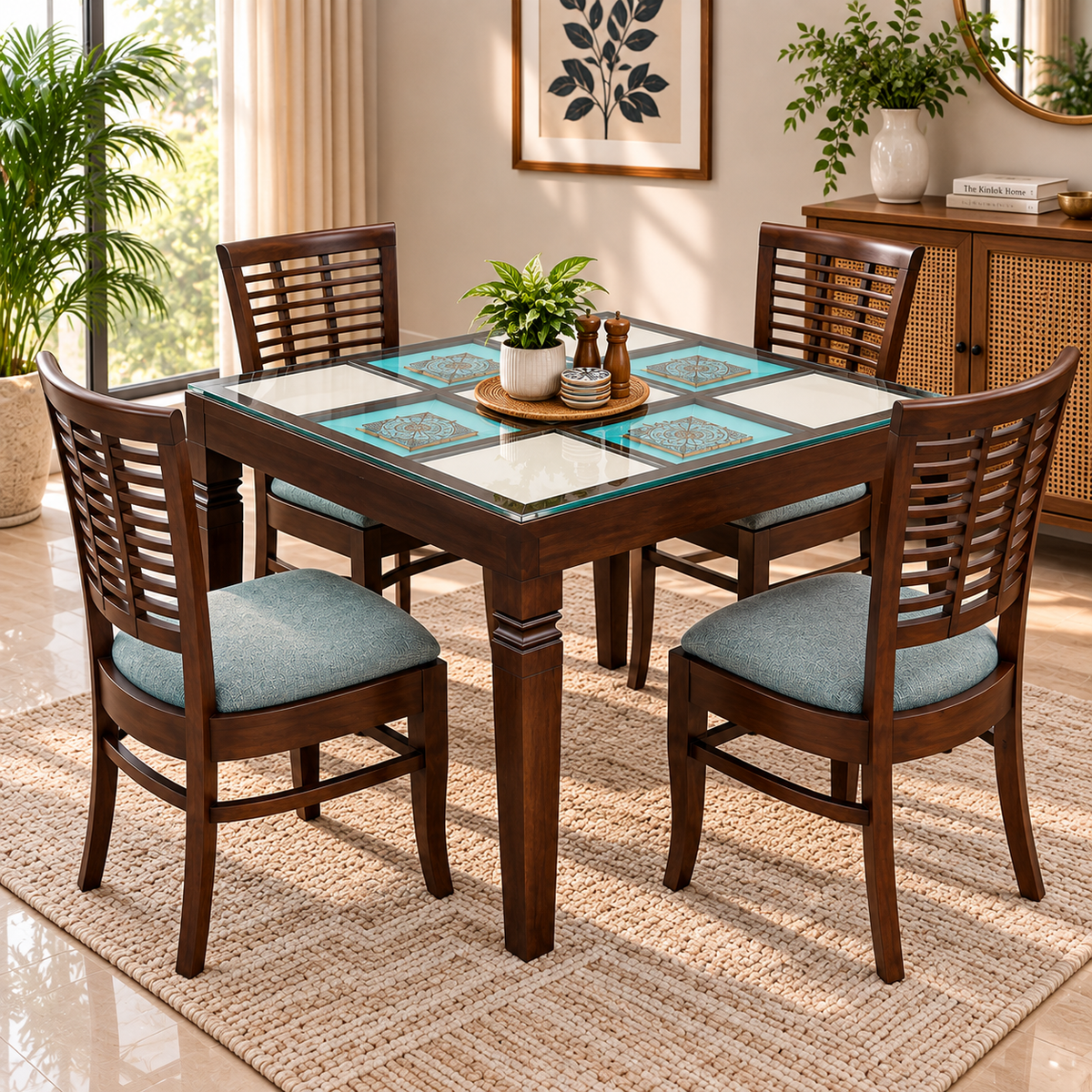 4 Seater Wooden Dining Table Set with Chairs | Glass Top Dining Table with Teal Cushioned Chairs