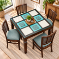 4 Seater Wooden Dining Table Set with Chairs | Glass Top Dining Table with Teal Cushioned Chairs