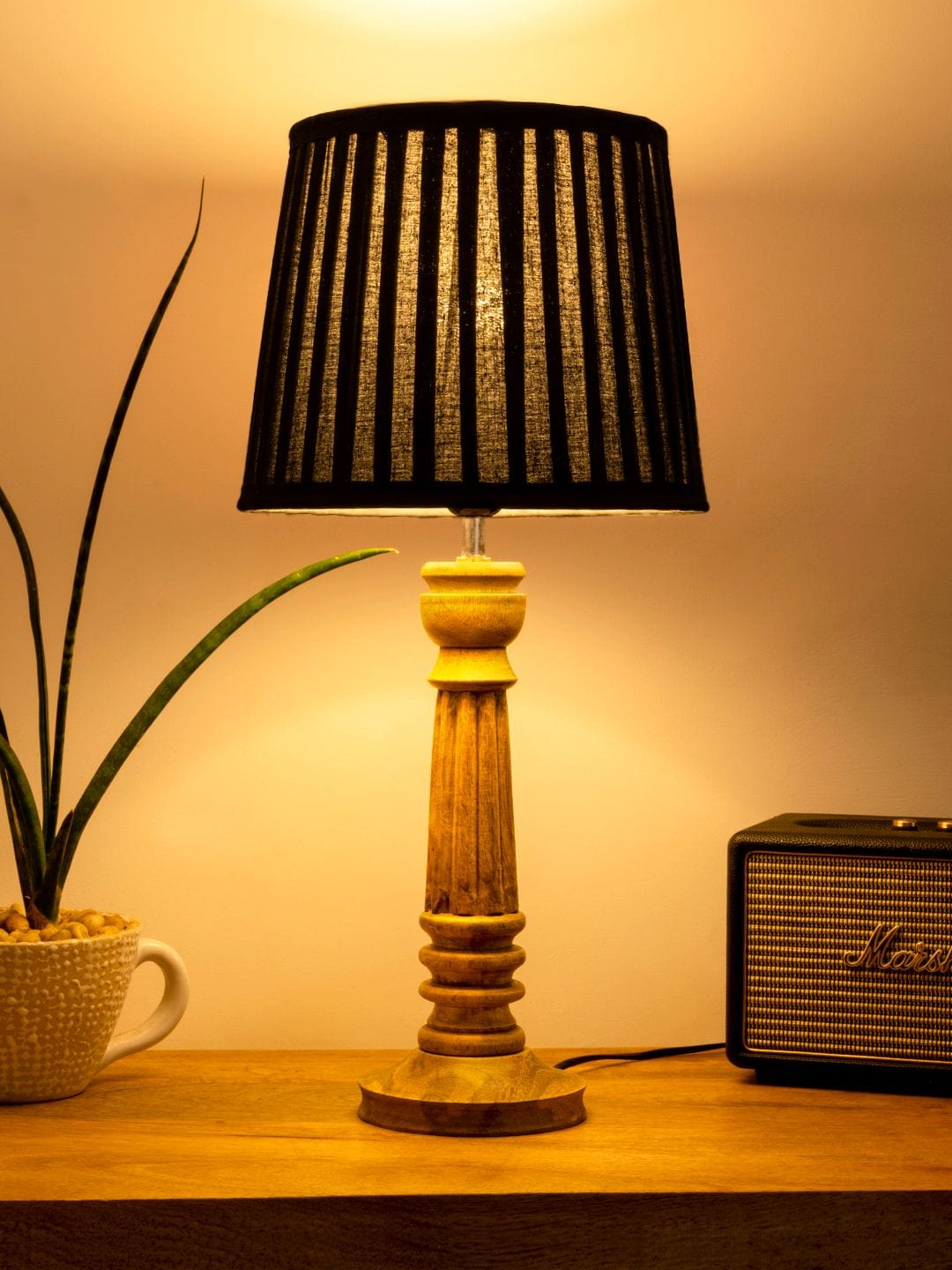 Wooden Pillar Brown lamp with pleeted Black Soft Shade