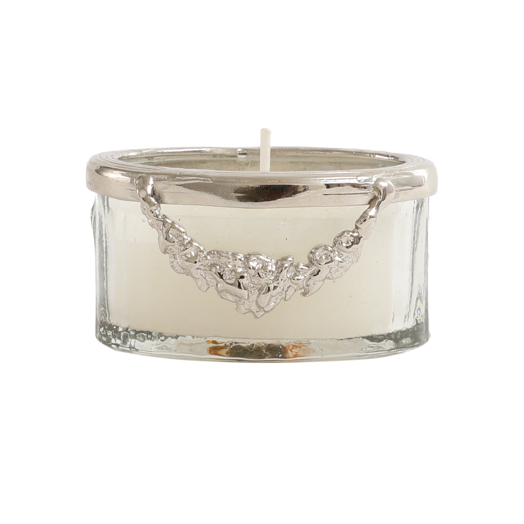 snowy whisper white scented candle jar with silver Ring