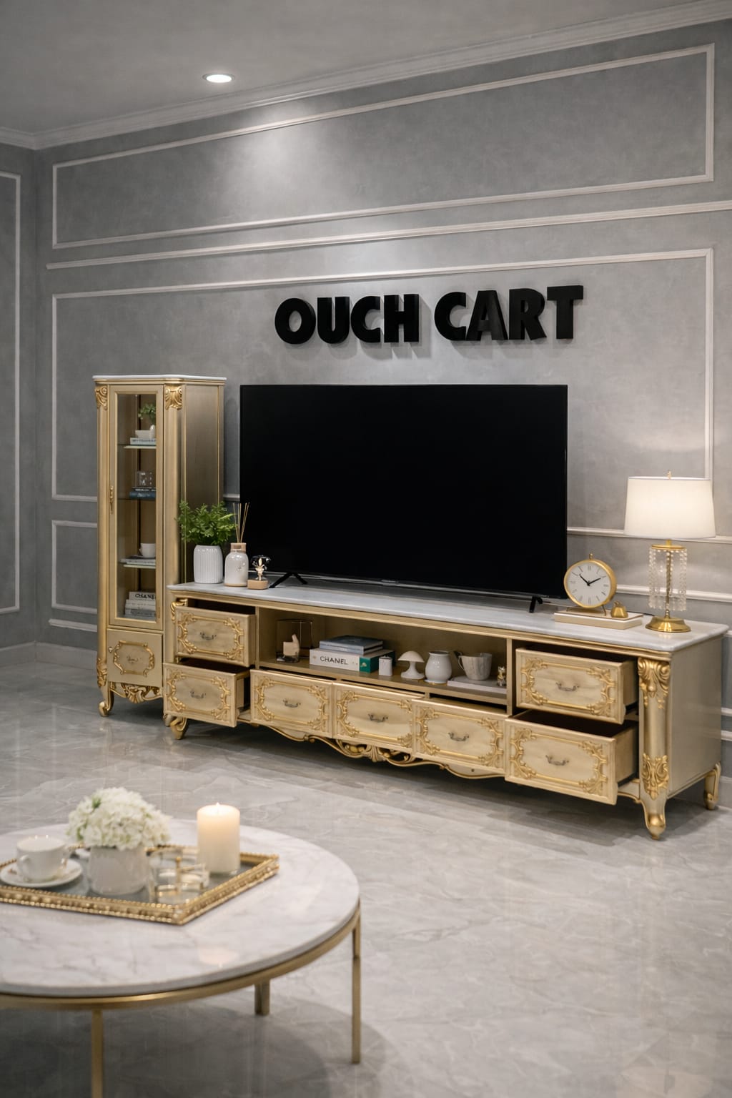 Luxury Royal Gold Finish TV Cabinet & Console Table with Storage Drawers