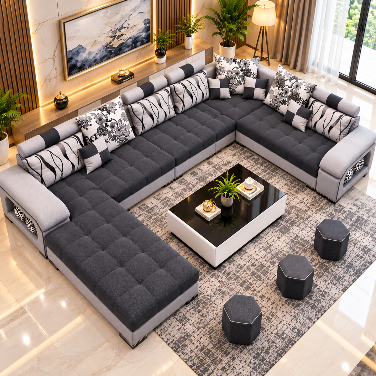 L-Shaped Sectional Sofa Set for Living Room | Modern 7-Seater Corner Sofa with Chaise, Tufted Fabric Upholstery & Cushioned Backrest