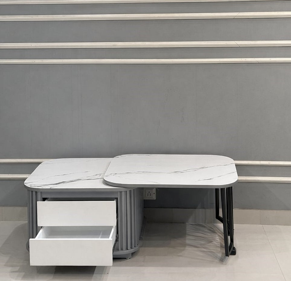 Marble Top Coffee Table in Grey Colour With Rotateable Top & 2 Pouffes