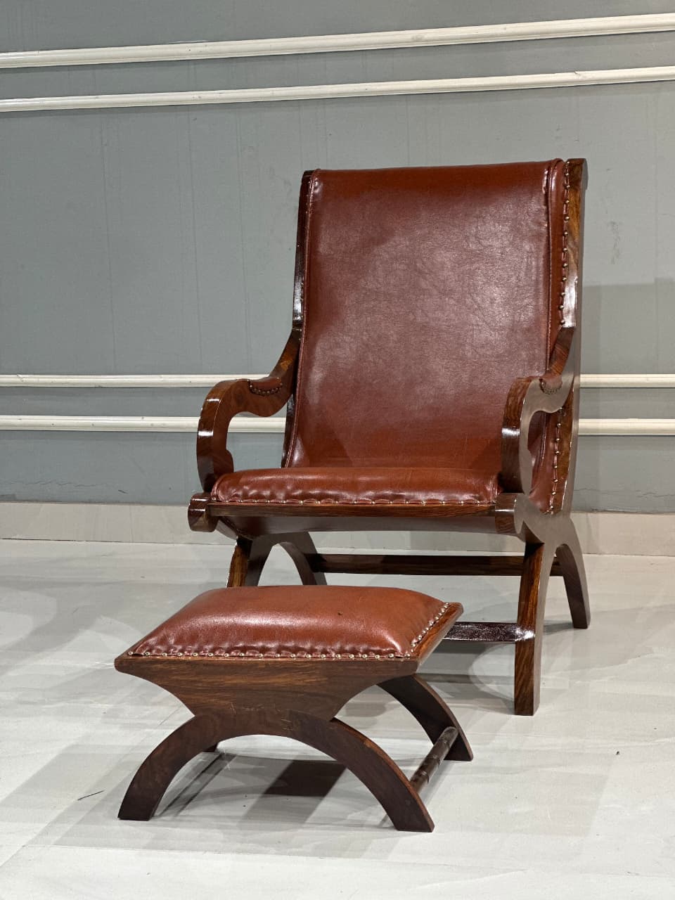 Teak Wood Armchair Lounge Chair with Ottoman