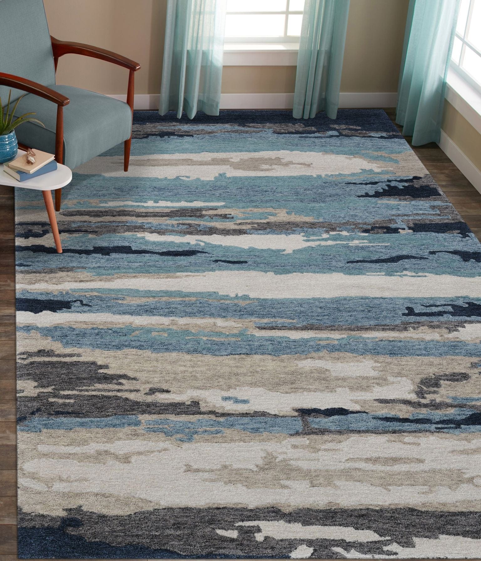 Blue Wool & Viscose Abstract 8X10 Feet  Hand-Tufted Carpet - Rug