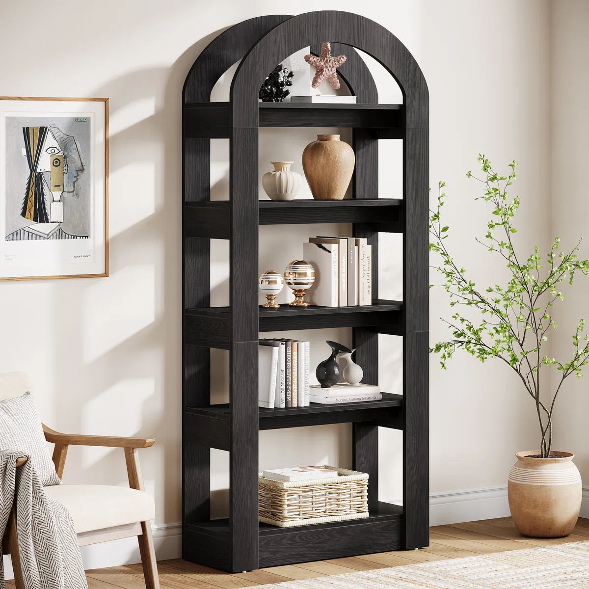 Tall Arched Bookcase, Modern Open Bookshelf For Home Office, Bedroom, Living Room