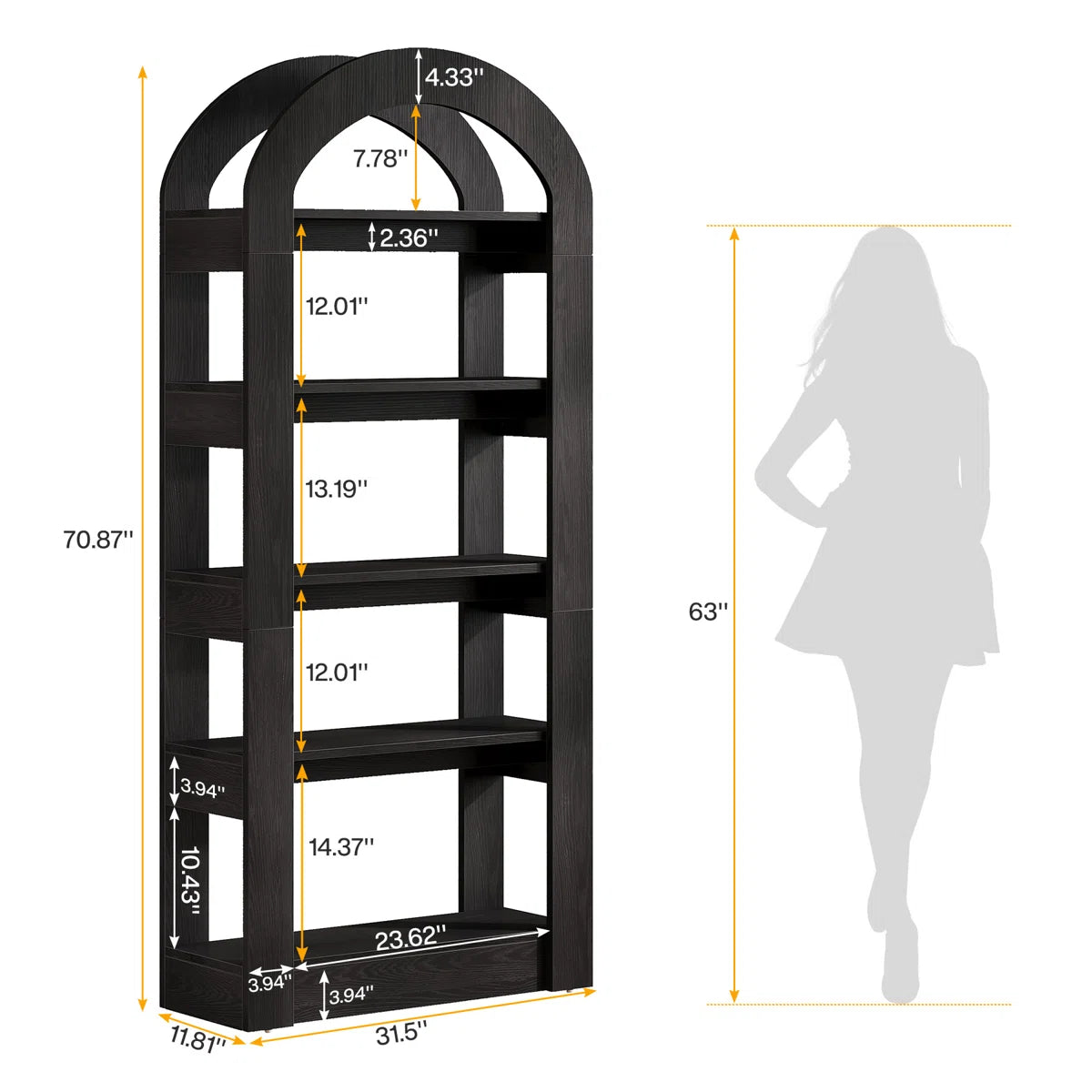 Tall Arched Bookcase, Modern Open Bookshelf For Home Office, Bedroom, Living Room