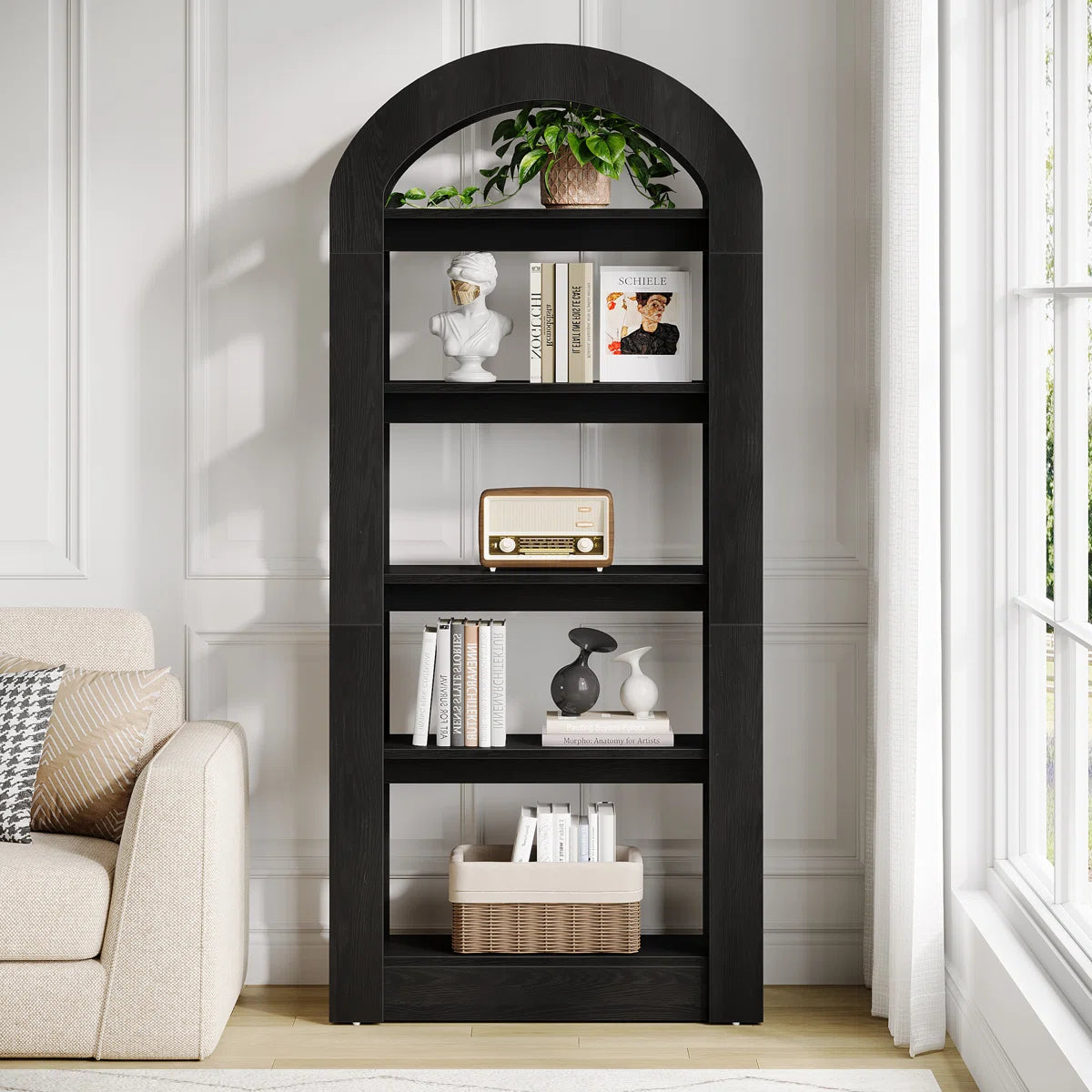 Tall Arched Bookcase, Modern Open Bookshelf For Home Office, Bedroom, Living Room