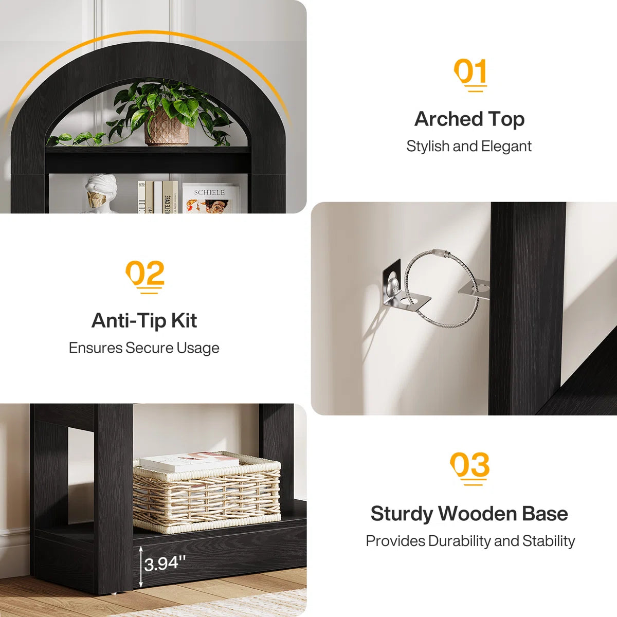 Tall Arched Bookcase, Modern Open Bookshelf For Home Office, Bedroom, Living Room